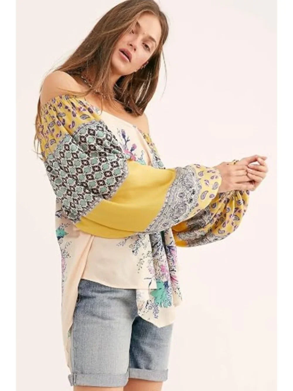 Free People Positano Blouse Printed Off-The-Shoulder Pullover Top Orange Size XS